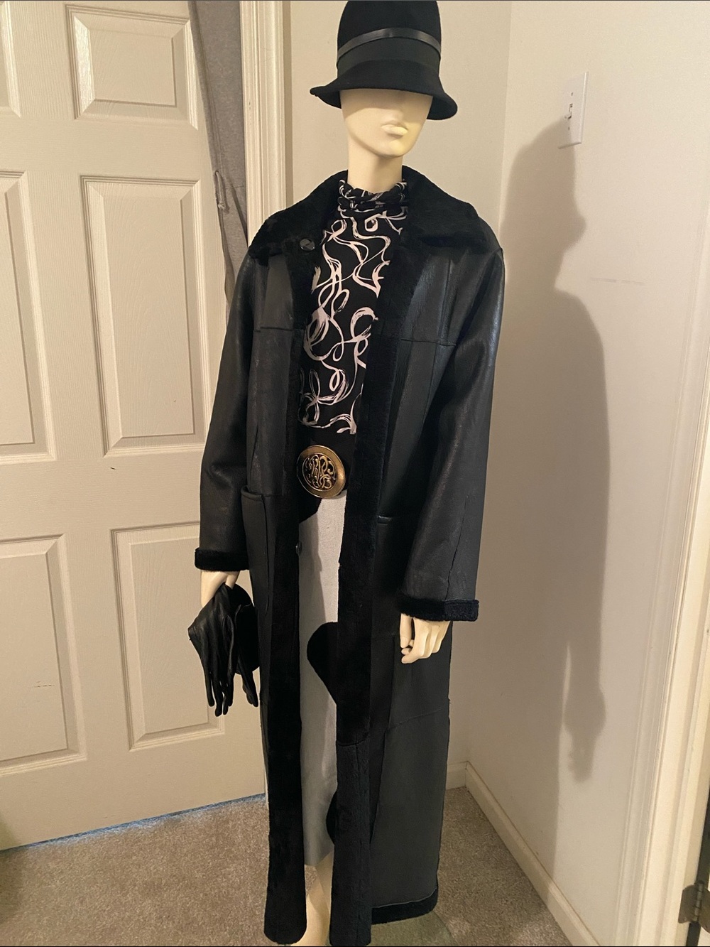 Classic Black Long Leather & Genuine Shearling Coat - Reversible made in Italy